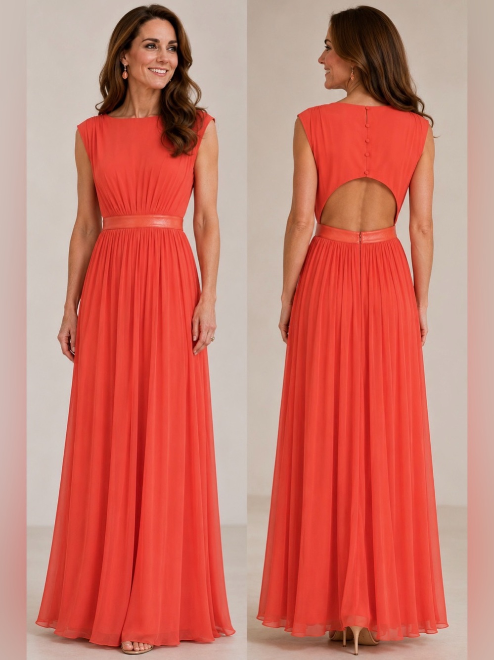 Alice + Olivia Triss Coral Silk Maxi Gown with Leather Trim Open Back Size 4